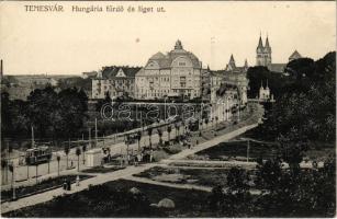 Temesvár, Timisoara; Hungária fürdő és Liget út, villamosok, útépítés / spa, street, road construction, trams