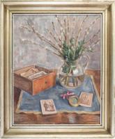 W. Lampl Mária (1914-2005): Sécretaire fiókja (csendélet). Olaj, vászon, jelzett. Dekoratív, sérült fakeretben, 50×40 cm
