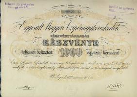 1920. "Egyesült Magyar Czipőkereskedők Részvénytársaság" részvénye 1000K-ról, szelvényekkel