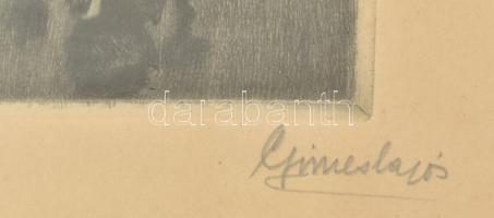 Gimes Lajos (1886-1945): Nürnbergi piac. Rézkarc, papír, jelzett, lap széle foltos, üvegezett fakere...