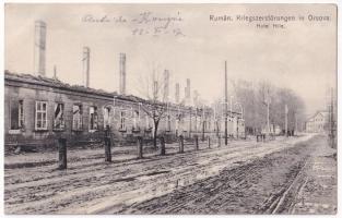 1917 Orsova, Rumän. Kriegszerstörungen / Román háborús pusztítás Orsovában. Hotel Hille szálloda romokban. Hutterer G. kiadása / WWI buildings destroyed by Romanians during the war, ruins of Hotel Hille (EK)