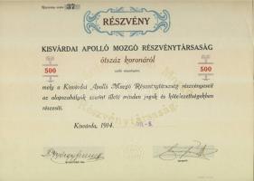 1914. "Kisvárdai Apolló Mozgó Részvénytársaság" részvénye 500K-ról, szelvényekkel