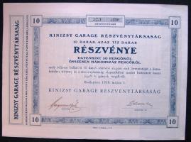 1928. "Kinizsy Garage Részvénytársaság" részvénye 30P-ről, szelvényekkel