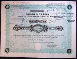 1934. "Forgó és Társa Üvegkereskedelmi és Építőipari Részvénytársaság" részvénye 4000P-ről, szelvényekkel