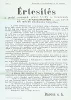 1888 Küldemények levéljegyekkel való bérmentesítése tárgyában született rendelet Baross Gábortól, Karton hirdetmény hajtva 36x50 cm
