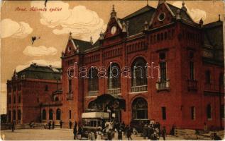 1915 Arad, vasútállomás, emeletes autóbusz, autó / railway station, double decker bus and automobile (EK)