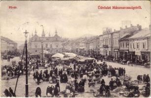 1906 Máramarossziget, Sighet, Sighetu Marmatiei; Fő tér és piac, árusok, Angol bolt, üzletek. Wizner és Dávid kiadása / main square, market, shops (EK)