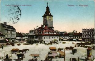 1911 Brassó, Kronstadt, Brasov; Ferenc József tér és tanácsház, piac / square, town hall, market (EK)