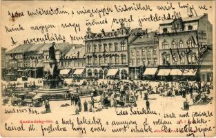 1903 Arad, Szabadság tér, piac, építkezés, Ipar és Népbank, Kuttn Gyula üzlete. Kerpel Izsó kiadása / square, market, shops, construction