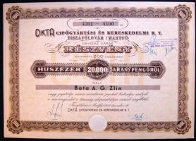 1941. "CIKTA Cipőgyártási és Kereskedelmi R.T." részvénye 20.000P-ről, szelvényekkel