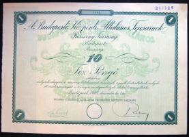 1926. "Budapesti Központi Általános Tejcsarnok Részvénytársaság" részvénye 10P-ről, szelvényekkel