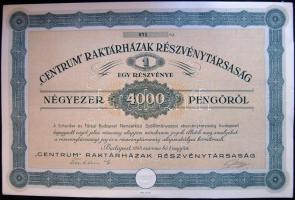 1943. "Centrum Raktárházak Részvénytársaság" részvénye 4000P-ről, szelvényekkel