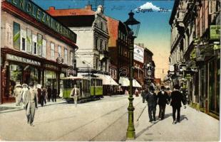 1917 Zagreb, Zágráb; Ilica, Ljekarna, Englezki Magazin, M. Neumann / utca, villamos, üzletek, gyógyszertár / street, tram, shops, pharmacy (EK)