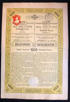 1912. "Budapesti Közúti Vaspálya Társaság" részlet-kötvénye 1000K-ról, német és magyar nyelven, szelvényekkel