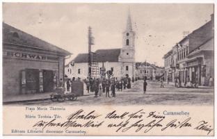 1903 Karánsebes, Caransebes; Mária Terézia tér, templom, Schwab üzlete / Piata Maria Theresia / square, shops, church (EK)