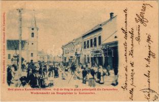 1901 Karánsebes, Caransebes; Heti piac a főúton, B. Reisz, Eperjesy üzlete / O di de terg in piata principala din Caransebes / Wochenmarkt am Hauptplatz / market, shops (felületi sérülés / surface damage)