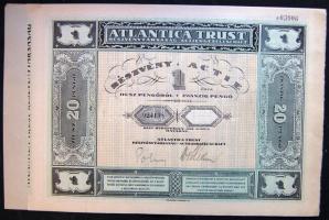 1928. "Atlantica Trust Részvénytársaság" részvénye 20P-ről, szelvényekkel