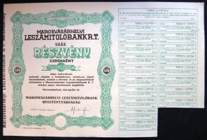 1942. "Marosvásárhelyi Leszámítolóbank R.T." részvénye 20P-ről, szelvényekkel