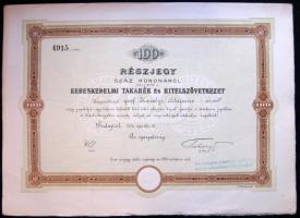1904. "Kereskedelmi Takarék és Hitelszövetkezet" részvénye 100P-ról, szelvényekkel