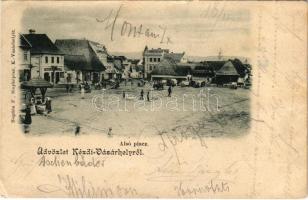 1902 Kézdivásárhely, Targu Secuiesc; Alsó piac, Ifj. Bándy üzlete, vendégfogadó. Bogdán F. fényképész / market, shops, inn (ázott sarok / wet corner)