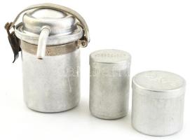 Retro mini utazó fém kávéfőző, cukor és kávé dobozkákkal, d: 8 cm, 5x3 cm, 4x3 cm
