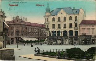 1914 Nagyvárad, Oradea; Bémer tér, Poynár ház, Rimanóczy szálloda, China ezüst gyári raktára, Jelinek Ferencz, Dénes B. Béla, Koch Testvérek, Erdős és Grünfeld és Dr. Kovács Gyula üzlete / square with hotel and shops, dentist (EK)