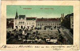 1910 Nagyvárad, Oradea; Szent László tér, Takarékpénztár, piac / square, savings bank, market (szakadás / tear)