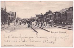 1903 Kisbér, Pályaudvar, vasútállomás, vonat, gőzmozdony. Haftl Kálmán kiadása (kis szakadások / small tears)