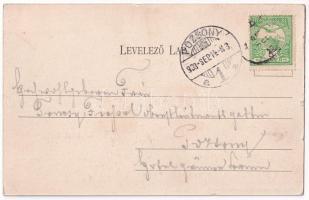 1903 Kisbér, Pályaudvar, vasútállomás, vonat, gőzmozdony. Haftl Kálmán kiadása (kis szakadások / sma...