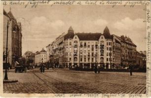 1944 Budapest XI. Horthy Miklós út (Bartók Béla út), Körönd, üzletek, Gyógyszertár, villamos (fa)