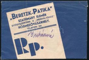 Beretzk-Patika Szathmáry Elemér Gyógyszertára, Hódmezővásárhely receptboríték