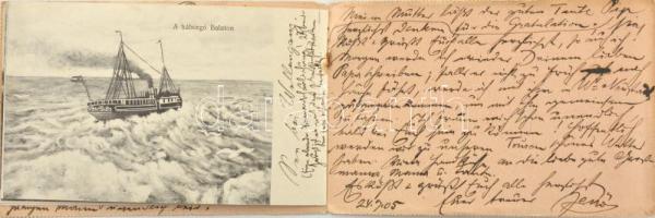 1905 Balaton. Kihajtható 4 lapos füzet szecessziós virágos borítóval. Balatonföldvár, Balatonszepezd...