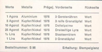 Izrael 1976. 1A, 5A, 10A, 25A, 1/2L, 1L bemutató szettben, tanúsítvánnyal T:1