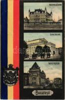 Bucharest, Bukarest, Bucuresti, Bucuresci; Ministerul de Externe, Teatrul National, Palatul Postelor / Ministry of Foreign Affairs, National Theatre, Post Office. Romanian flag and coat of arms (EK)