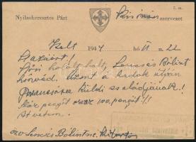 1944 Nyilaskeresztes párt kézzel írt halotti értesítője párttag rokonának zsoldja kiutalása mellett