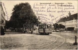 1916 Nagyszeben, Hermannstadt, Sibiu; Hermannsplatz / Hermann tér, villamos. J. Bein kiadása / square, tram (EK)