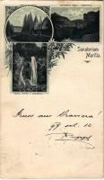 1897 (Vorläufer!) Marilla, Marillavölgy, Marila; Sanatorium Marilla, Marilla en Profil / Szanatórium, Minnis-hegyszoros, Zsittin-vízesés / sanatorium, mountain pass, waterfall, spa. Art Nouveau, floral (EB)