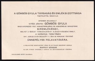 1941 A Gömbös Gyula társaság emlékbizottsága a miniszerelnök síremlékének felavatására szóló meghívó