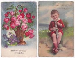 4 db RÉGI névnapi üdvözlő képeslap / 4 pre-1945 Name Day greeting postcards