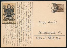 1953 Drahos István autográf levelezőlapja Nagy Árpád grafikusnak