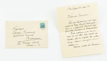 1933 Bp., Major Jenő (1871-1945) festőművész saját kezűleg írt levele Sárdy Brutus (1892-1970) festőművész, restaurátor részére, amelyben édesanyja halála iránti részvétét fejezi ki, borítékkal