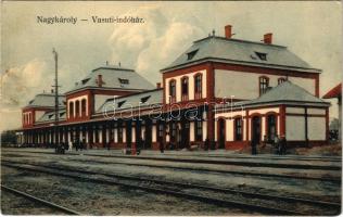 1915 Nagykároly, Carei; vasútállomás. Eigner Simon kiadása / Bahnhof / railway station (EK)