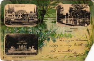 1901 Kolozsvár, Cluj; Sétatéri mulató, tó és szökőkút. Rigó Árpád kiadása, szecessziós litho montázs / Promenade kiosk, lake and fountain. Art Nouveau floral litho (EM)