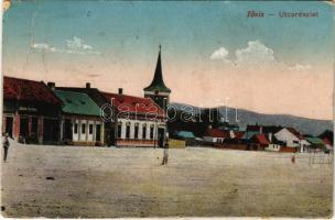 1918 Tövis, Teius; utca részlet, Ábrahám Testvérek üzlete, templom. Vasúti Levelezőlapárusítás 3994. / street view, shops, church (EB)