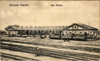 1916 Piski, Simeria; MÁV vasútállomás fűtőháza, vagonok. Adler Árthur fényirdája 1912./ railway station, wagons, heating house (EK)