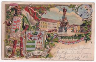 1902 Arad, Vértanú szobor, Arad megye címere, Athenaeum Rt. kőnyomda / martyrs statue, coat of arms. Art Nouveau, floral, litho s: Zich (r)