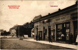 1915 Gyulafehérvár, Karlsburg, Alba Iulia; Vár utca, útépítés, női és férfi divatáruház, Schäser Ferenc könyv és papírkereskedés üzlete és saját kiadása / street, shops (EK)