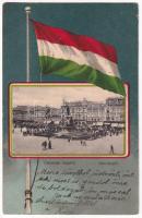 1902 Arad, Szabadság tér, piac, üzletek. Szecessziós litho montázs magyar zászlóval / square, market, shops. Art Nouveau litho montage with Hungarian flag