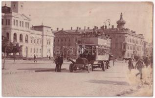 1908 Arad, Városház tér, emeletes autóbusz Braun Miksa reklámjával / square, town hall, double-decker autobus with advertising posters. photo (fl)