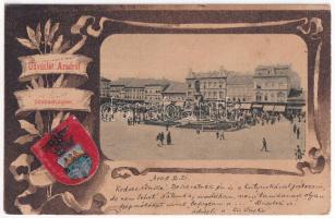 1902 Arad, Szabadság tér, piac, üzletek. Szecessziós címeres litho keret / square, market, shops. Art Nouveau, litho frame with coat of arms